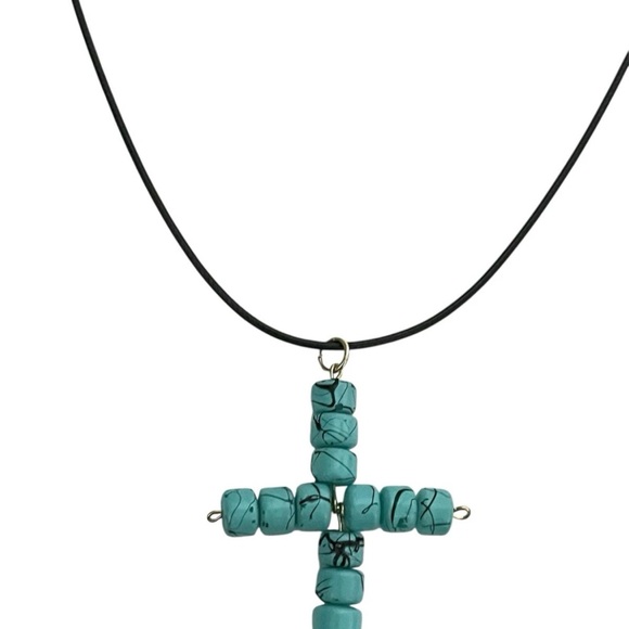 Beaded Cross Pendant Handmade Blue Beads Religious Jewelry - Picture 5 of 5